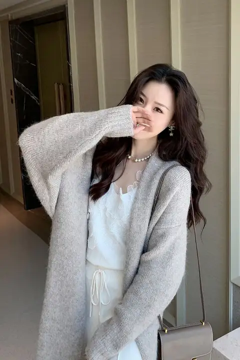 感のあるウールニットロングカーディガン【カジュアル・秋冬用】