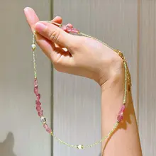 天然オリーブ石とストロベリークリスタルの多宝ネックレス【女性用・カジュアルデザイン・ロングチェーン】