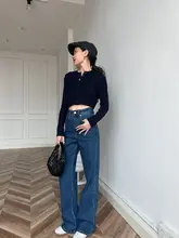 ジーンズ ハイウエスト スリム ストレート ストレッチ 快適 ダークブルー レトロ