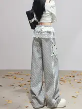 ドット柄と星のアップリケが可愛いカジュアルパンツ【レースと合皮・ゆったりストレート】（セットアップ対応）