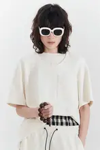 米色のダブルカラーラウンドネックショートスリーブTシャツ【デザイン性あり・女性用】