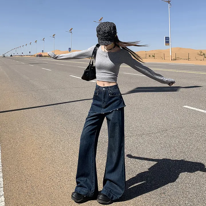 秋用デニムスカート風フレアパンツ【レトロデザイン・スリム効果・フリーレイヤー】（セットアップ対応）