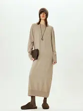 秋冬用 高級羊毛極簡ロングニットワンピース【ハイネック・スリット袖口・ラウンドネック】