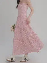 LOVEHEYNEW チェック柄レース付きキャミソールマキシドレス【ウエストシェイプ・夏用】