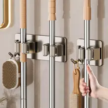 穴あけ不要ステンレス鋼製壁掛けモップホルダー【多機能収納・バスルーム用】