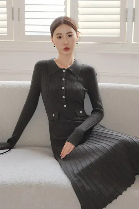 洗練されたデザイン！ニットピケ襟付きフレアワンピース【女性用・ウエスト部分が引き締まる・ロングスタイル】