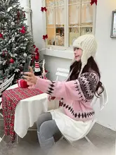 フェアアイルデザインのレディースニットセーター【リブ編み・クリスマス用・秋冬向け・ラウンドネック】（セットアップ対応）