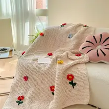 フラワーデザインの手編みブランケット【極太毛糸・ソファやベッド用・インテリア装飾用】