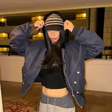 アメリカンヴィンテージ風 フリースジャケット【ユニセックス・ゆったりシルエット・フード付き・秋冬用】