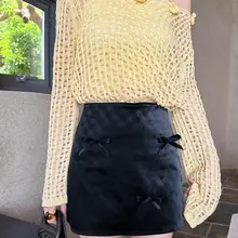リボンデザインのハイウエストミニスカート【フレンチスタイル・肌理感・秋用】