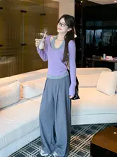 グレーのハイウエストワイドパンツ【女性用・秋用・フィット】（セットアップ対応）