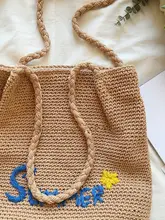 刺繍入り編みバッグ【夏用・コットン製・ショルダー・バケツ型・ビーチ用】