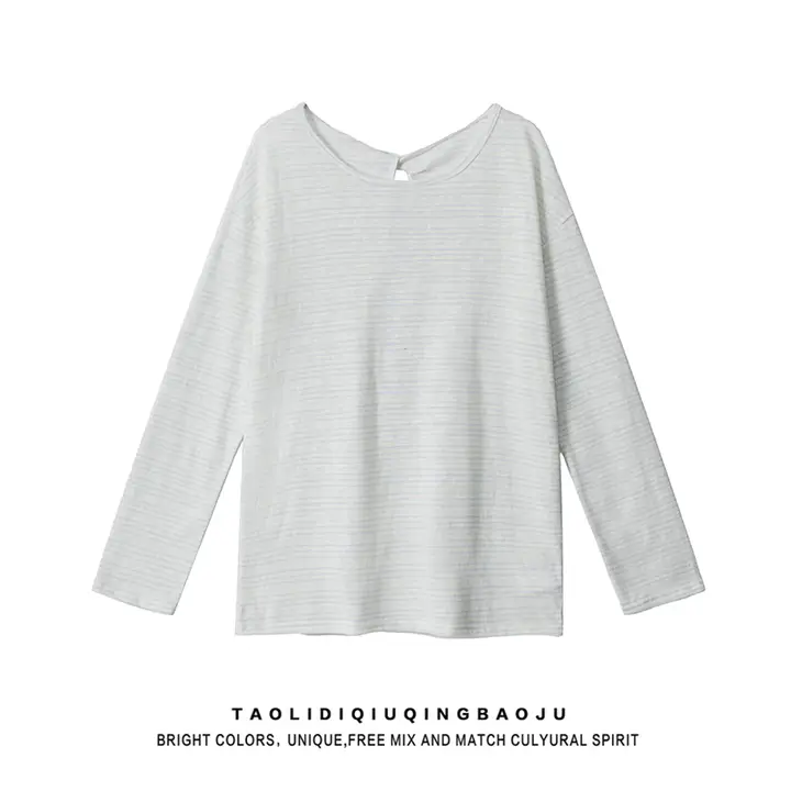 アメリカンストライプのラウンドネック長袖Tシャツ【フィット・レースアップ・日焼け防止】