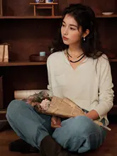 春季用 Vネック長袖ニット【羊毛・麻混合・女性用】