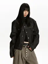 高級感あるブラックデニム立襟ジャケット【斜めファスナー・女性用・ハードな短丈】
