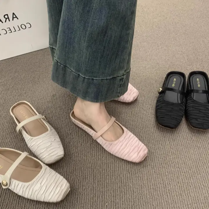 新中式デザインの皺付きサテン素材ピンクバックスリッパ【女性用・夏に最適・フラット・マルチスタイル】