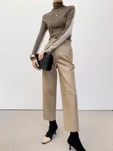 9分レザーパンツ 女性 ハイウエスト ゴム連結 裏起毛 秋冬 通勤 ゆったり スリム ストレート カジュアルパンツ