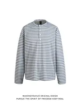 ストライプ柄 ヘンリーネック長袖Tシャツ【メンズ・春用・ルーズフィット・カジュアル】（セットアップ対応）