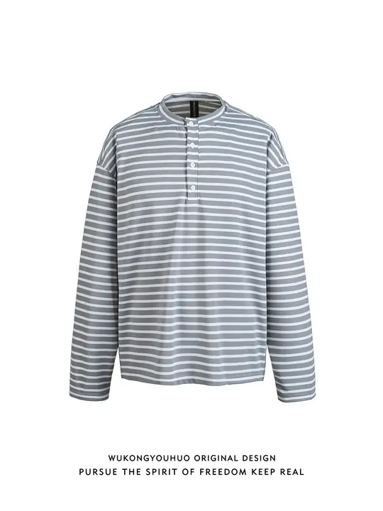 ストライプ柄 ヘンリーネック長袖Tシャツ【メンズ・春用・ルーズフィット・カジュアル】（セットアップ対応）