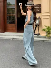 魅力的なノースリーブデニムオールインワン【ワイドレッグ・カジュアルスタイル・夏用】（セットアップ対応）
