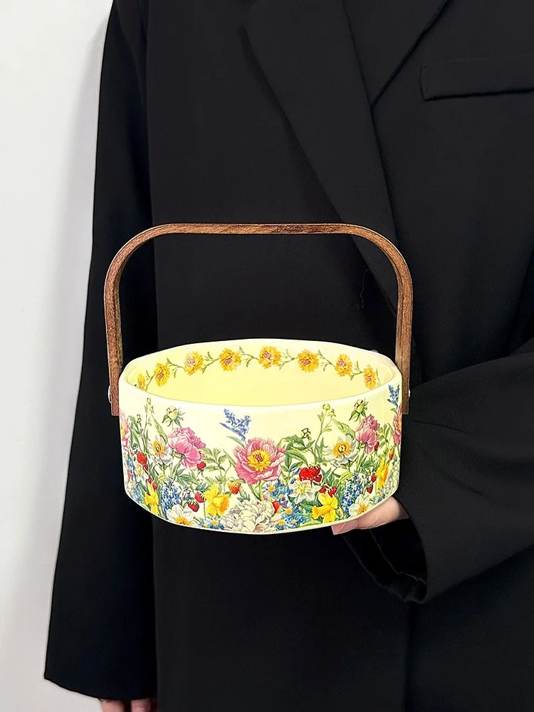 美しい花柄の陶器製手提げフルーツバスケット：ヴィンテージ風の家庭・飾り用途に最適