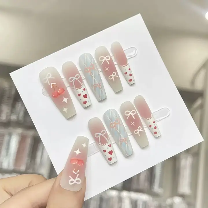 春夏用フレンチチェックデザインのバタフライリボンネイルチップ【チェリーとハートモチーフ】