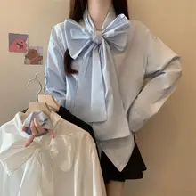 大きいサイズ フレンチスタイルの休闲シャツ【リボン付き・白・体型カバー・春用】（セットアップ対応）
