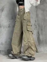 ゆったりとしたシルエットのヒップホップ・工装パンツ【グリーン・女性用・束脚デザイン】