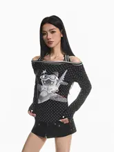レトロプリントドット柄 オフショルダー長袖Tシャツ【春用・スリムフィット】