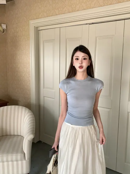 MAXMENT ラウンドネックリブ編みTシャツ【ウエストシェイプ・ショートスリーブ・女性用】