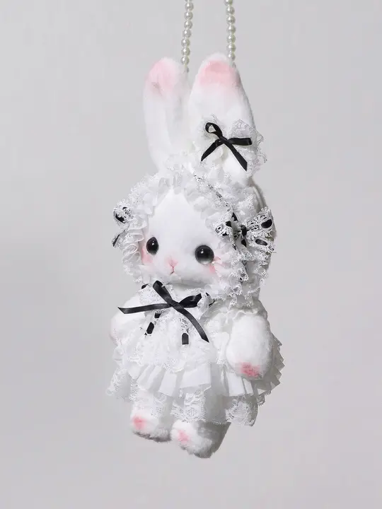 立ち耳うさぎデザインの黒いハンドメイドバッグ【ロリータスタイル・ショルダー・手提げ・リボン付き】