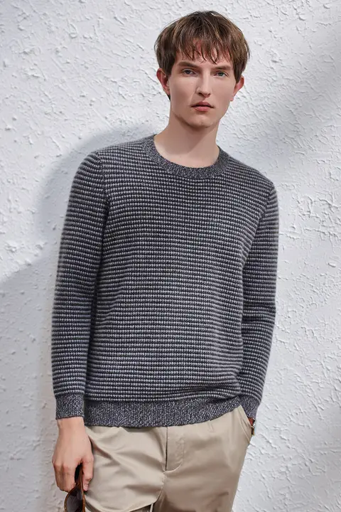 秋冬用 メンズカジュアルクルーネック白鹅绒セーター【ストライプ・厚手】