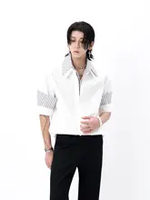 個性的なストライプデザインの衿付きシャツ【ビスチェ風・肩パッド付き・パッチワーク】