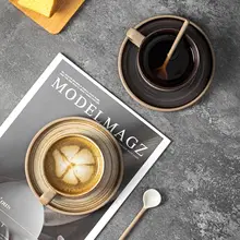 高級感のあるデザイン！粗陶製カフェカップ＆ソーサー【レトロスタイル・家庭用】（セットアップ対応）