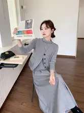 優雅なグレーのベストとスカートの3点セット【春秋用・高級感あふれるデザイン】（セットアップ対応）