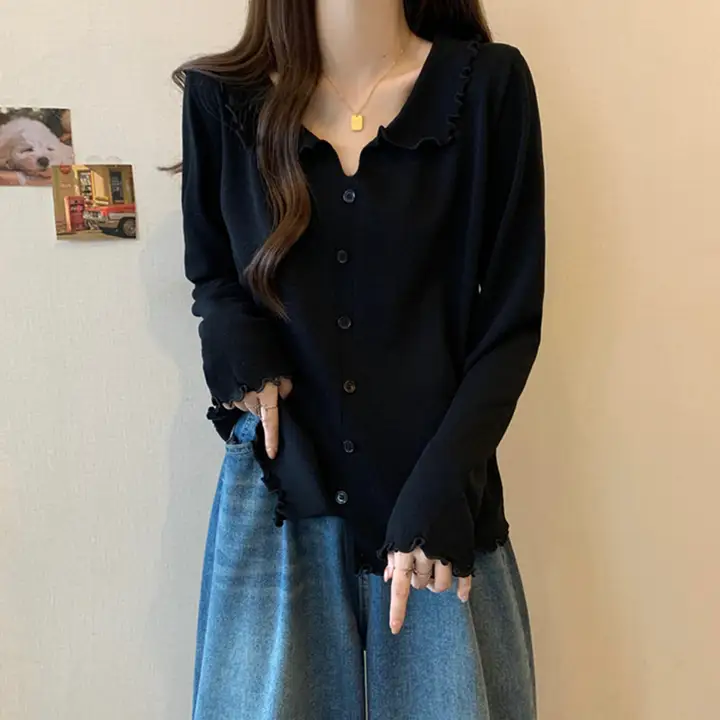 春秋向けの不規則Vネック長袖ニットトップス【レディース・木耳デザイン・ゆったりタイプ】