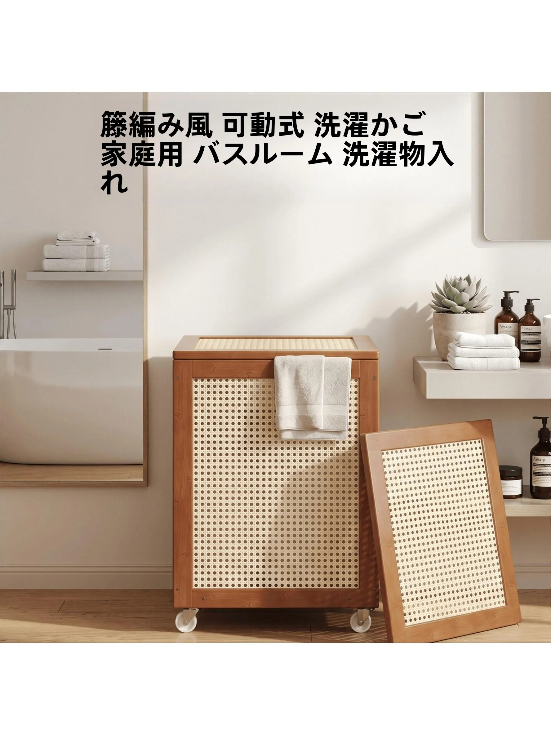 中古風のキャスター付きランドリーバスケット：衣類収納に最適な実用性とデザインのバランス