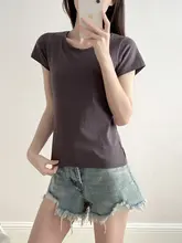 胸パッド付き伸縮性ラウンドネック短袖Tシャツ【レディース・夏用・薄手・コットン・ホワイト】