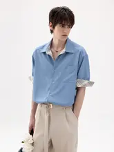 リバーシブルデザインのアイスシルクデニムチェック柄シャツ【夏用・ノーアイロン・抗シワ・ロールアップ袖】