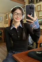 長袖チェックポロネックTシャツ【レディース・フィット感・春用・重ね着スタイル】（セットアップ対応）