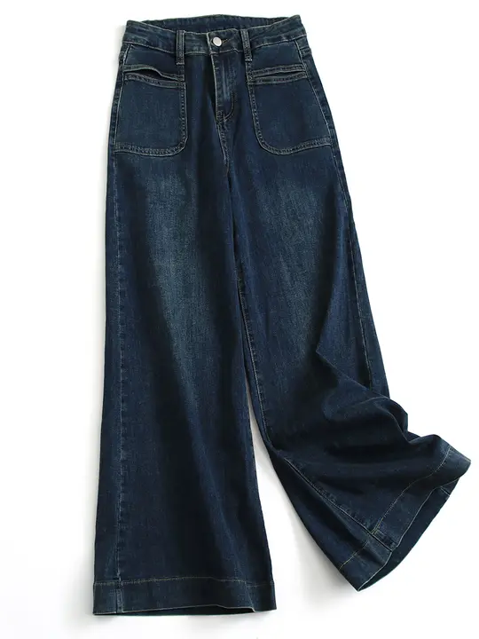 レトロブルー 前ポケット高腰 極上の柔らかさのワイドレッグデニムパンツ【フィット・ストレートデザイン】