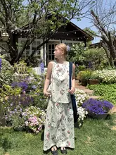 植物プリントのコットンリネン無袖シャツ【夏用・ゆったりワイドパンツ・カジュアル】（セットアップ対応）