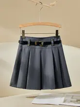 デザイン性の高いグレーのプリーツスカート【春秋用・ハイウエスト・Aライン・小柄向け】（セットアップ対応）
