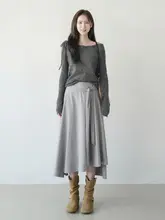 春夏用 グレー系 ラップ風デザイン スカート【ゆったりしたシルエット・不規則な裾・優しい雰囲気】