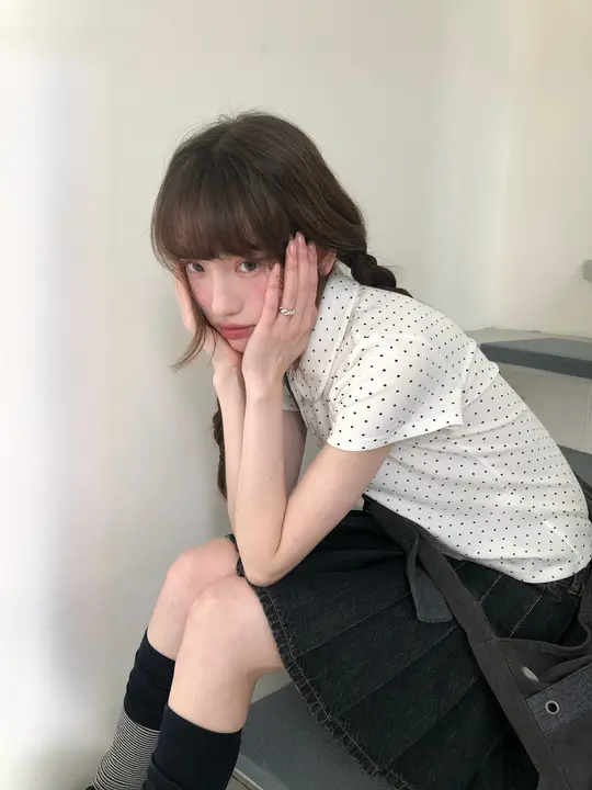 甘美なデザインのドールカラーTシャツ【ポロ襟・ドット柄・ショートスリーブ】
