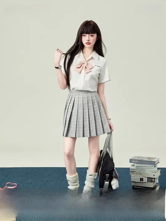 オリジナルJK制服風チェック柄ミニスカート【夏用・学院風・ピンク】（セットアップ対応）