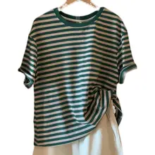 ストレートショルダーのストライプ柄半袖Tシャツ【カジュアル・フィット・夏用】