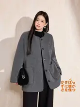ラウンドネックの大きいサイズの花模様ウール混紡ダブルフェイスコート【冬用・ゆったりとしたシルエット・ショートスタイル】
