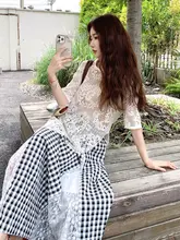 フランス風レース切替チェック柄フレアスカート【夏用・不規則デザイン・フィット】（セットアップ対応）