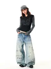 ウォッシュ加工デザインのデニムパンツ【女性用・フィット・ワイドレッグ】